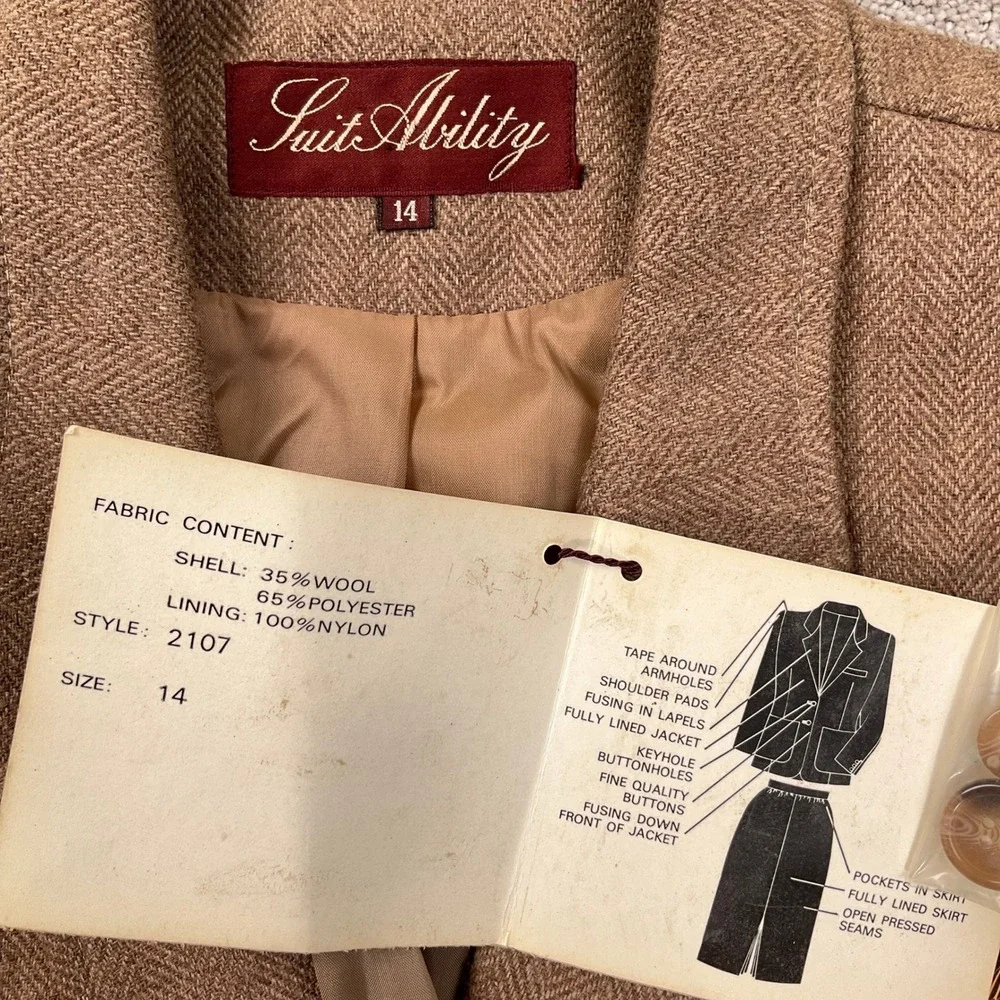 Suit Ability Skirt Set Women 14 Brown Herringbone Wool Classic‎ ALine  2pc VTG